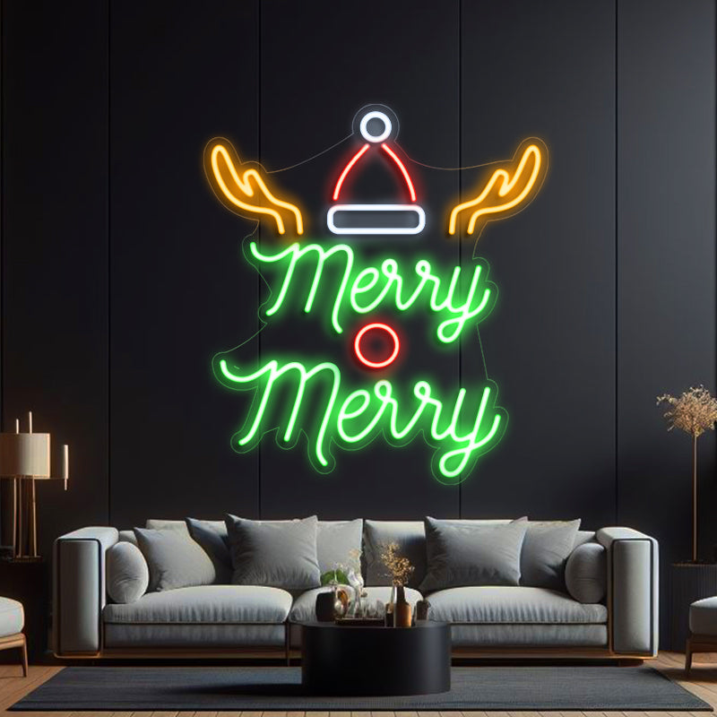 Merry Merry Christmas Hat Neon Sign